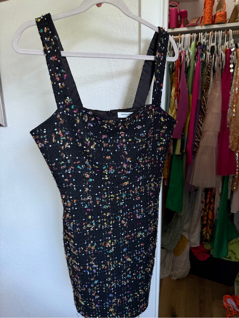 Amanda Uprichard Black Tweed Sheath Dress with Multicolor Speckle